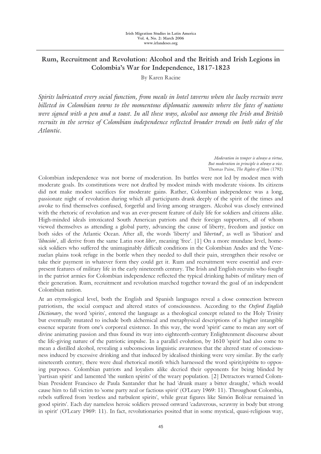 Rum, Recruitment and Revolution: Alcohol and the British and Irish Legions in Colombia’S War for Independence, 1817-1823 by Karen Racine