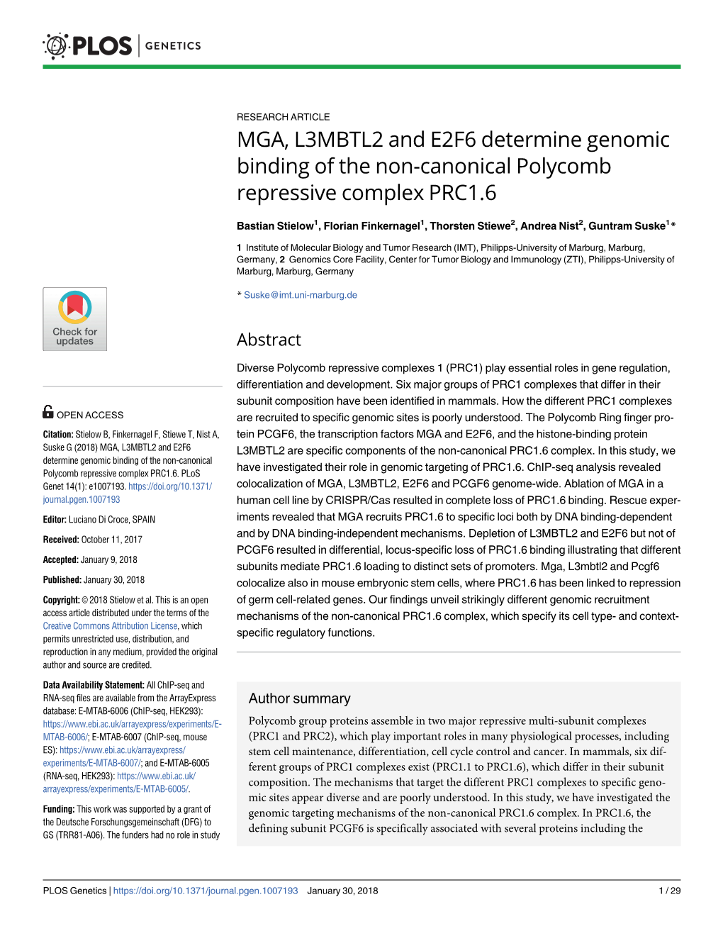 MGA, L3MBTL2 and E2F6 Determine Genomic Binding of the Non-Canonical Polycomb Repressive Complex PRC1.6