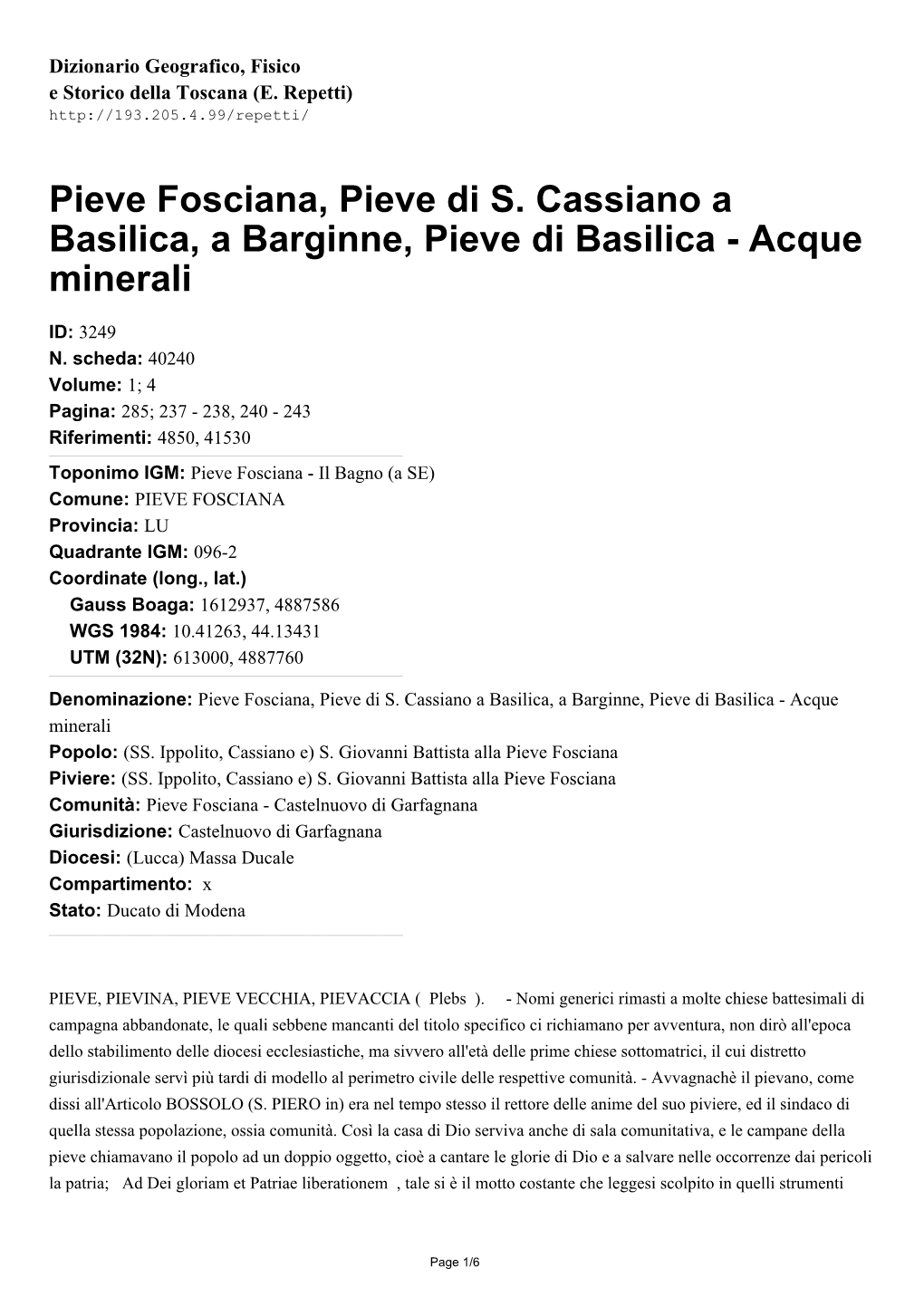 Pieve Fosciana, Pieve Di S. Cassiano a Basilica, a Barginne, Pieve Di Basilica - Acque Minerali