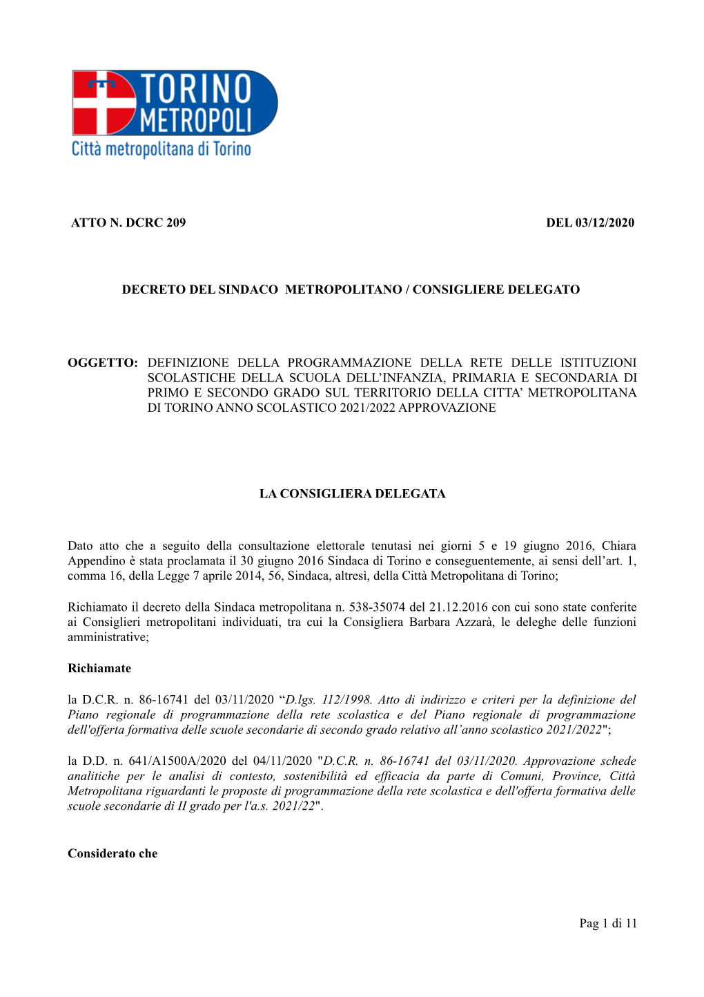 Atto N. Dcrc 209 Del 03/12/2020 Decreto Del Sindaco