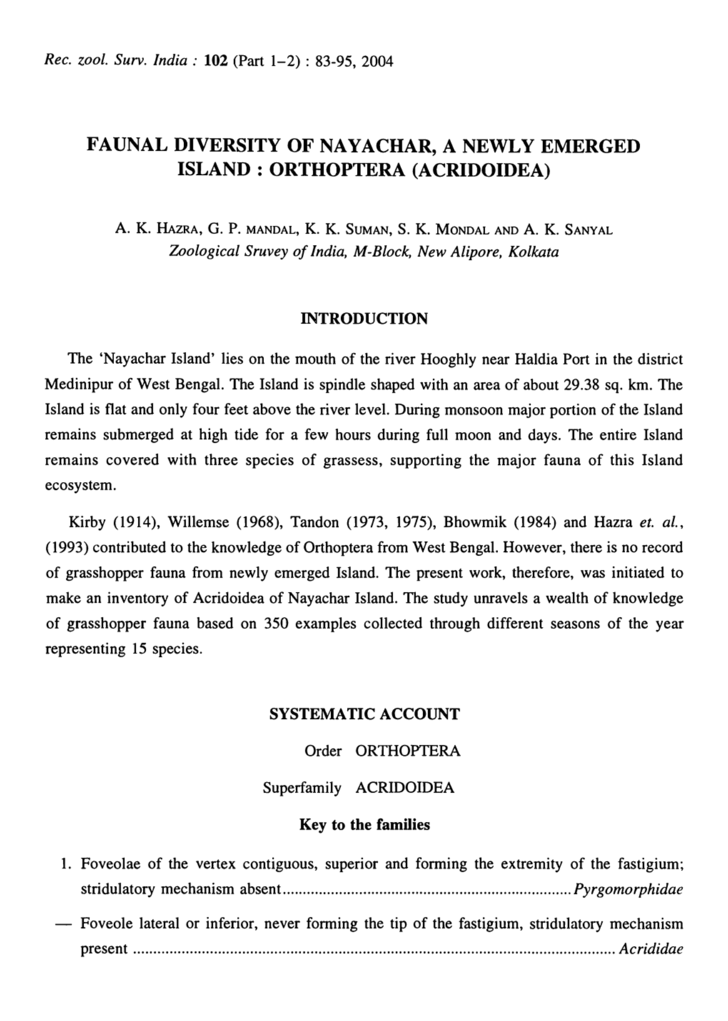 Faunal Diversity of Nayachar, a Newly Emerged Island: Orthoptera (Acridoidea)