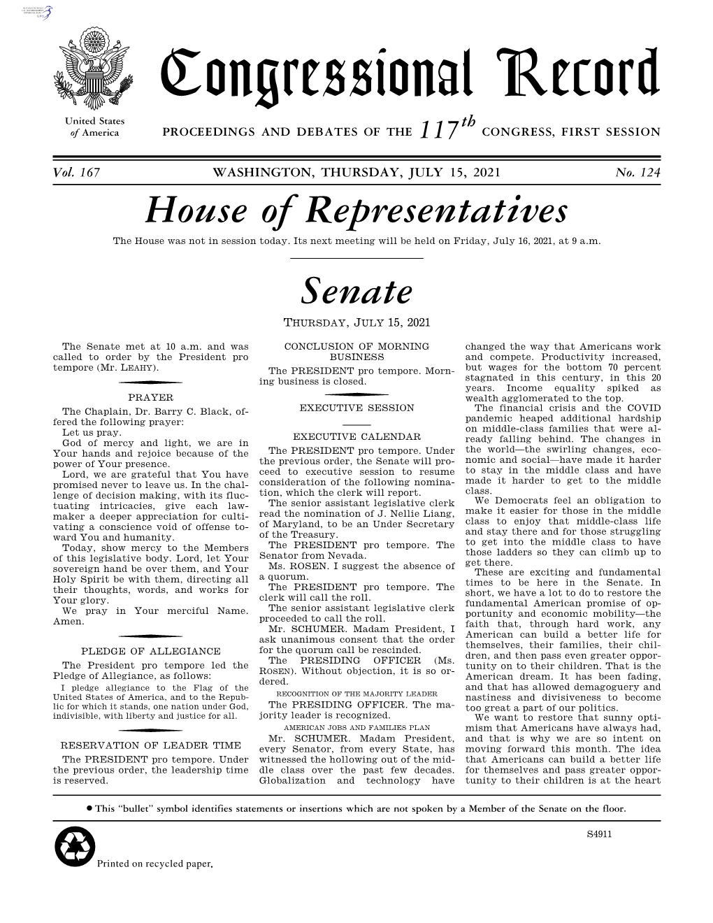 Congressional Record United States Th of America PROCEEDINGS and DEBATES of the 117 CONGRESS, FIRST SESSION