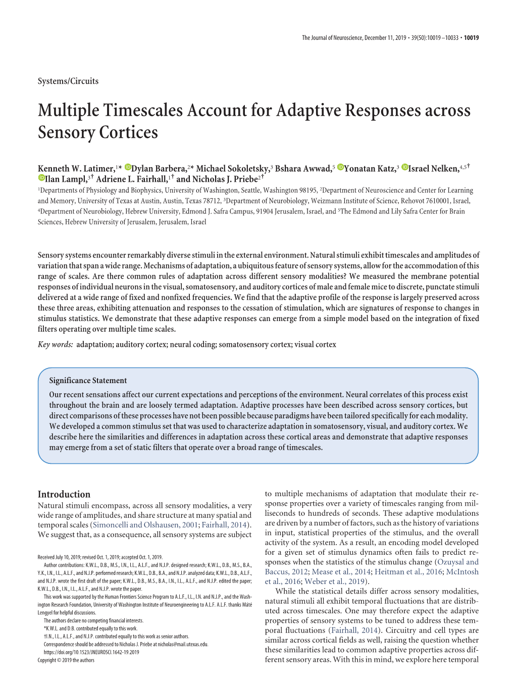 Multiple Timescales Account for Adaptive Responses Across Sensory Cortices