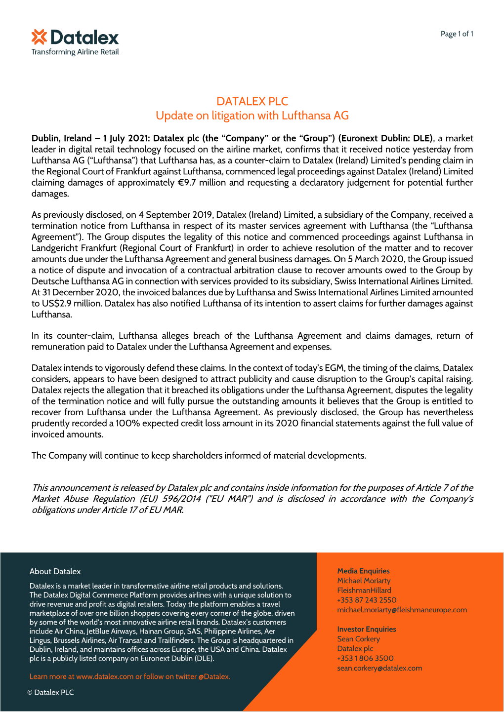 DATALEX PLC Update on Litigation with Lufthansa AG