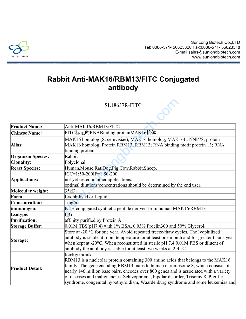 Rabbit Anti-MAK16/RBM13/FITC Conjugated Antibody-SL18637R-FITC
