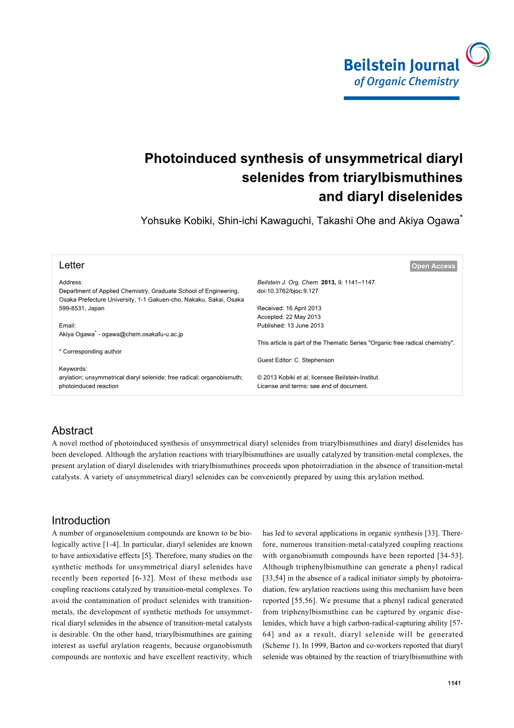 Photoinduced Synthesis of Unsymmetrical Diaryl Selenides from Triarylbismuthines and Diaryl Diselenides