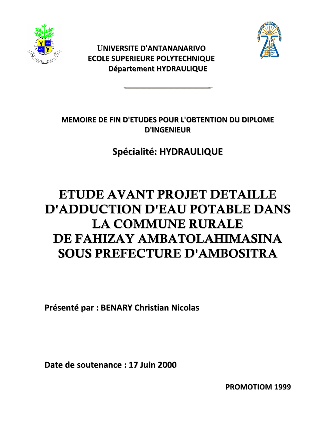 Etude Avant Projet Detaille D'adduction D'eau Potable Dans La Commune Rurale De Fahizay Ambatolahimasina Sous Prefecture D'ambositra