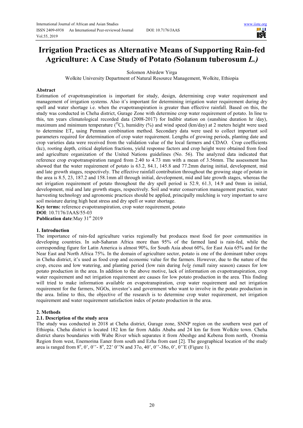 Irrigation Practices As Alternative Means of Supporting Rain-Fed Agriculture: a Case Study of Potato (Solanum Tuberosum L.)