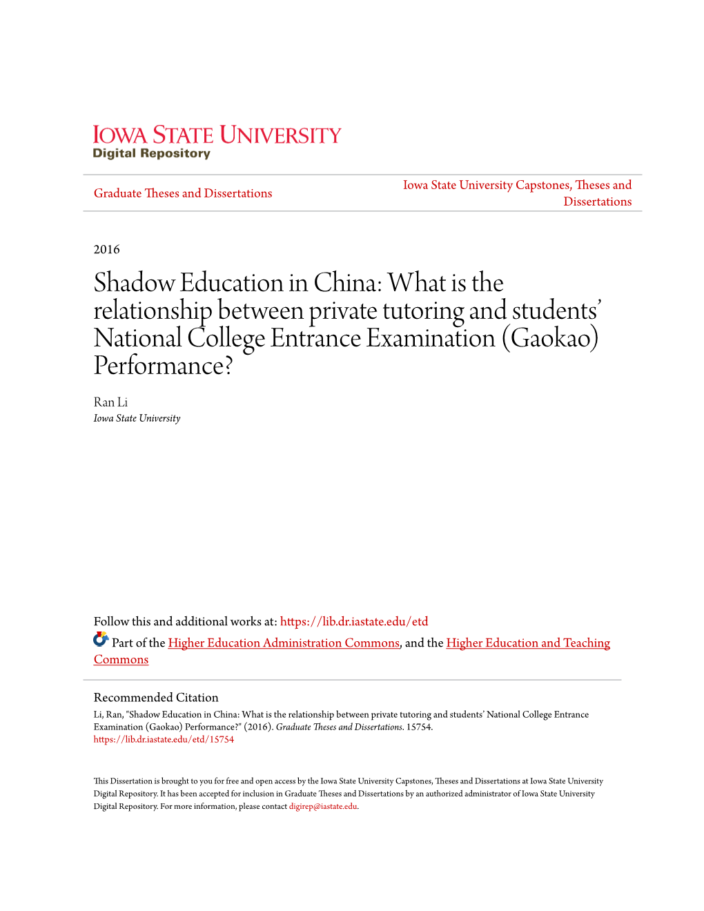 Shadow Education in China: What Is the Relationship Between Private