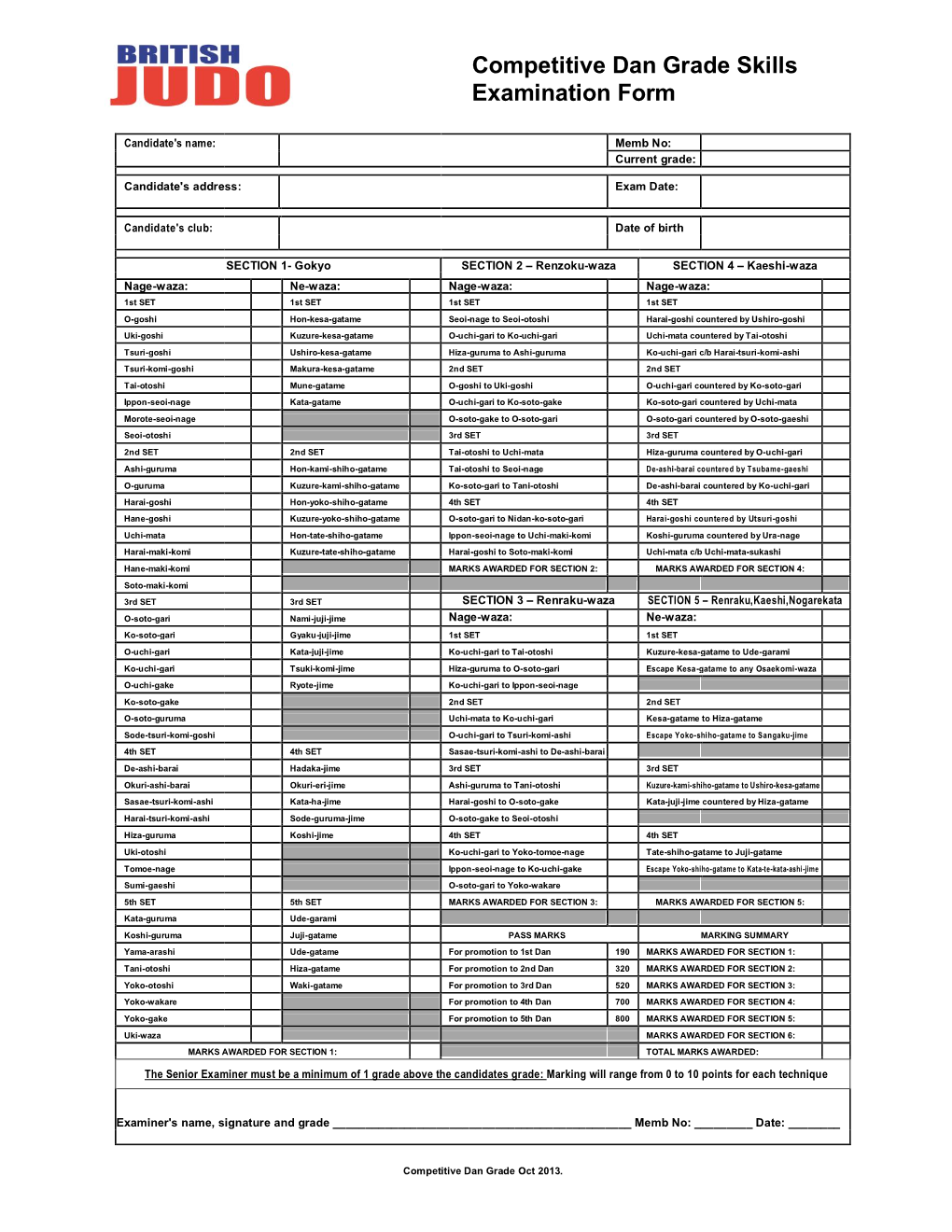 Competitive Dan Grade Skills Examination Form