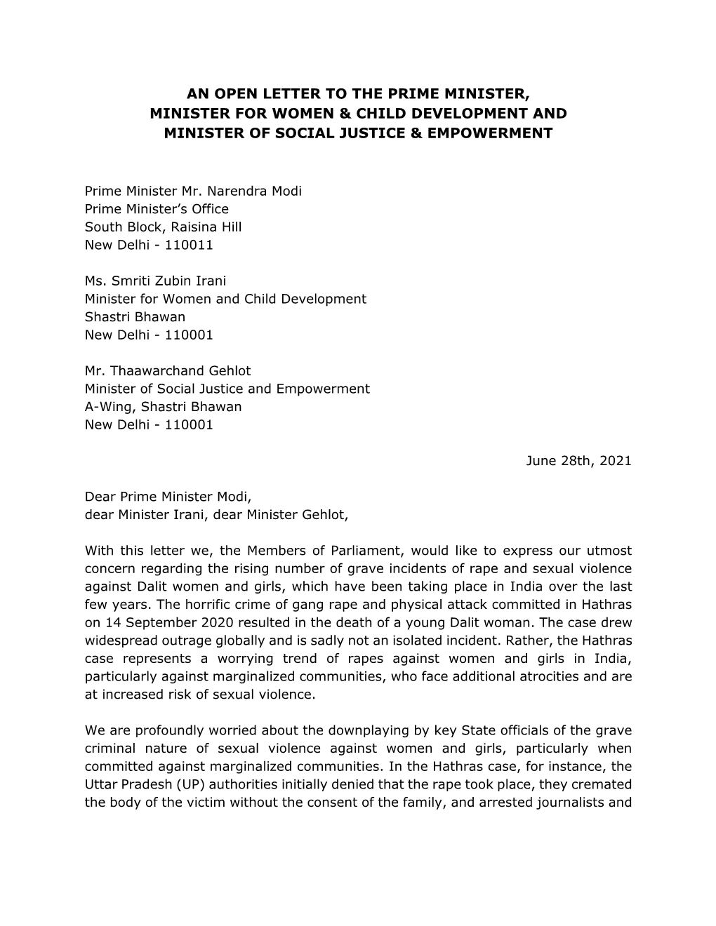 An Open Letter to the Prime Minister, Minister for Women & Child Development and Minister of Social Justice & Empowerm