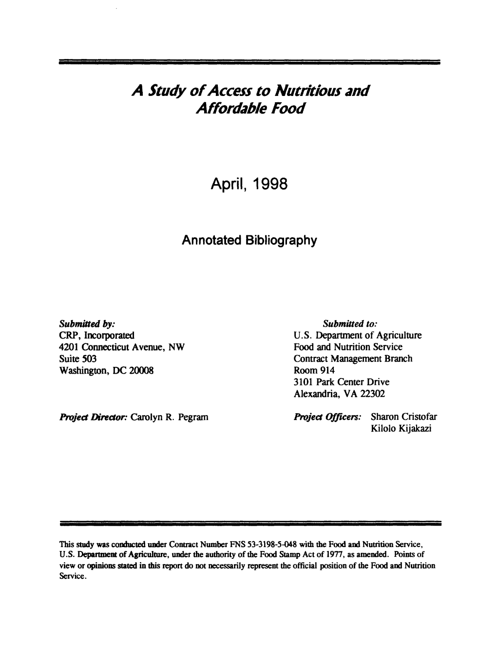 A Study O£Access to Nutritiousand Affordable Food April, 1998