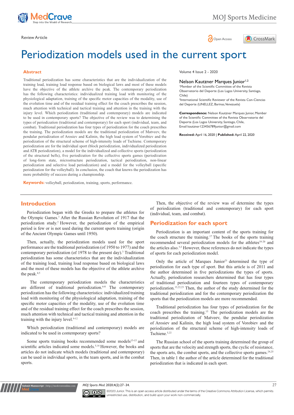 Marques Junior N. Periodization Models Used in the Current Sport