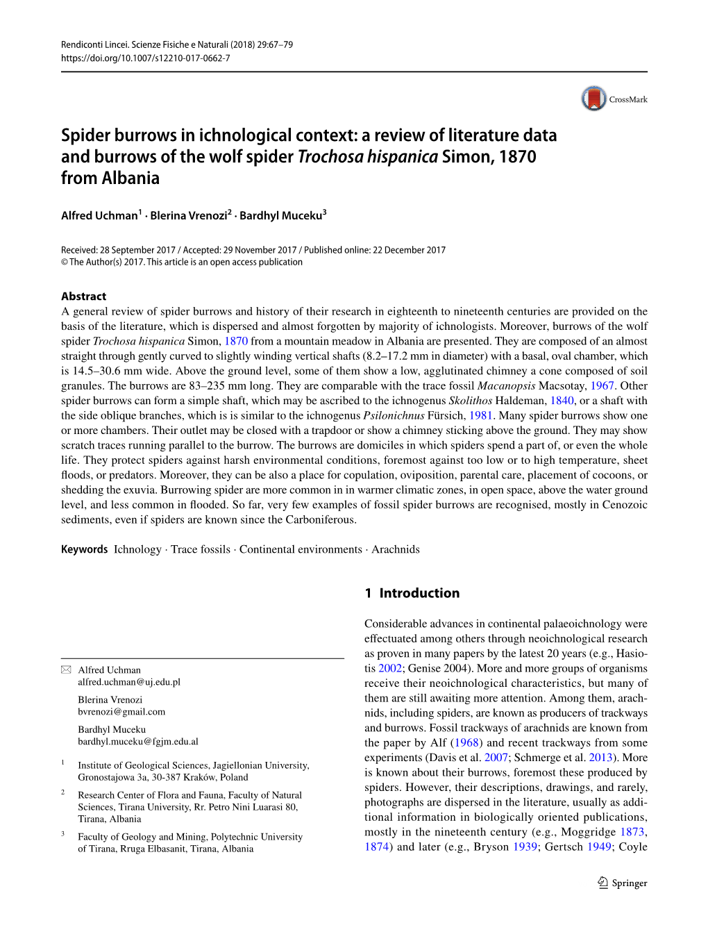 Spider Burrows in Ichnological Context: a Review of Literature Data and Burrows of the Wolf Spider Trochosa Hispanica Simon, 1870 from Albania