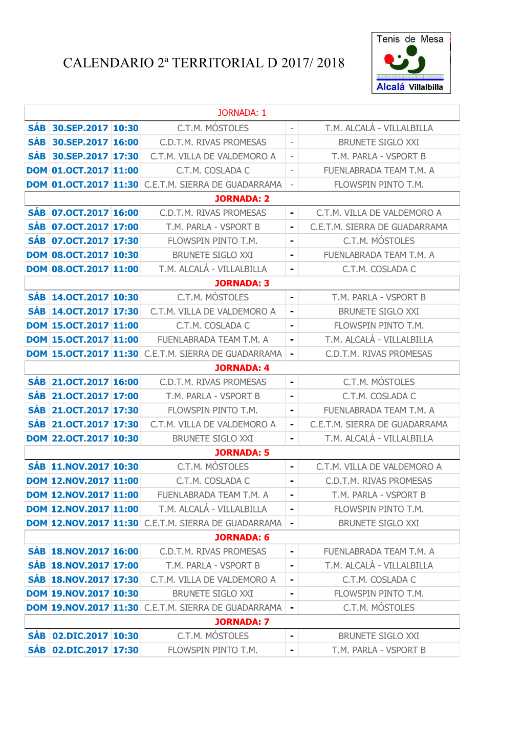 Calendario 2ª Territorial D 2017/ 2018