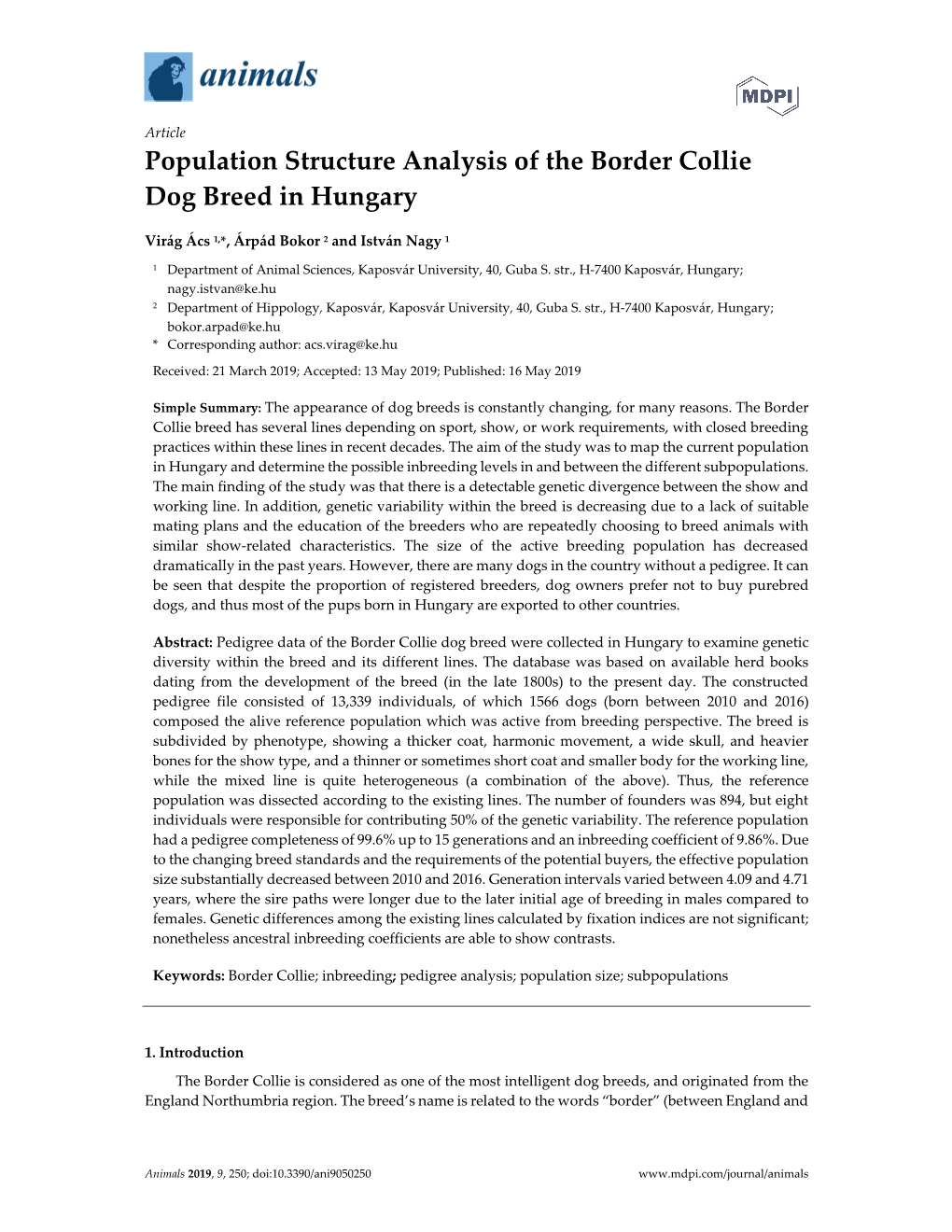 Population Structure Analysis of the Border Collie Dog Breed in Hungary
