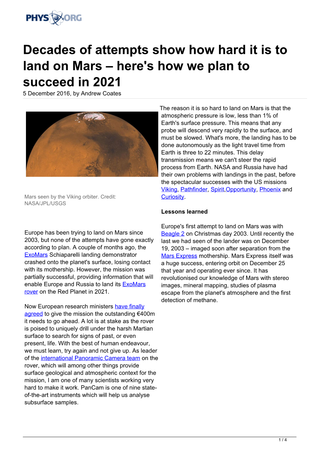 Decades of Attempts Show How Hard It Is to Land on Mars – Here's How We Plan to Succeed in 2021 5 December 2016, by Andrew Coates