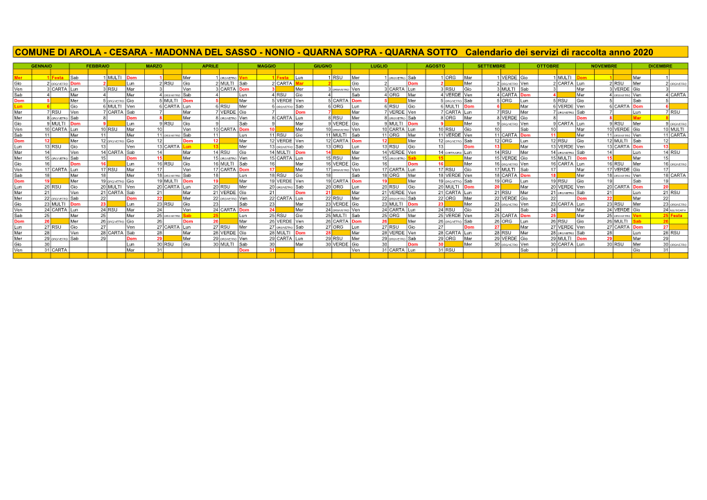 MADONNA DEL SASSO - NONIO - QUARNA SOPRA - QUARNA SOTTO Calendario Dei Servizi Di Raccolta Anno 2020