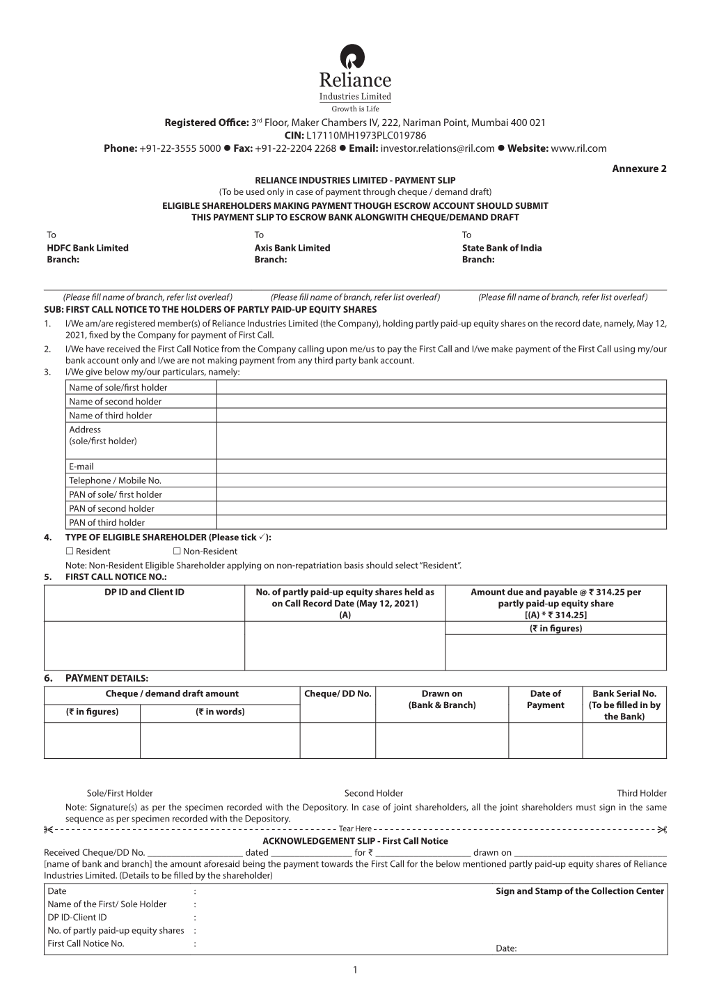 Payment Slip (For Payment Through Cheque / Demand Draft)