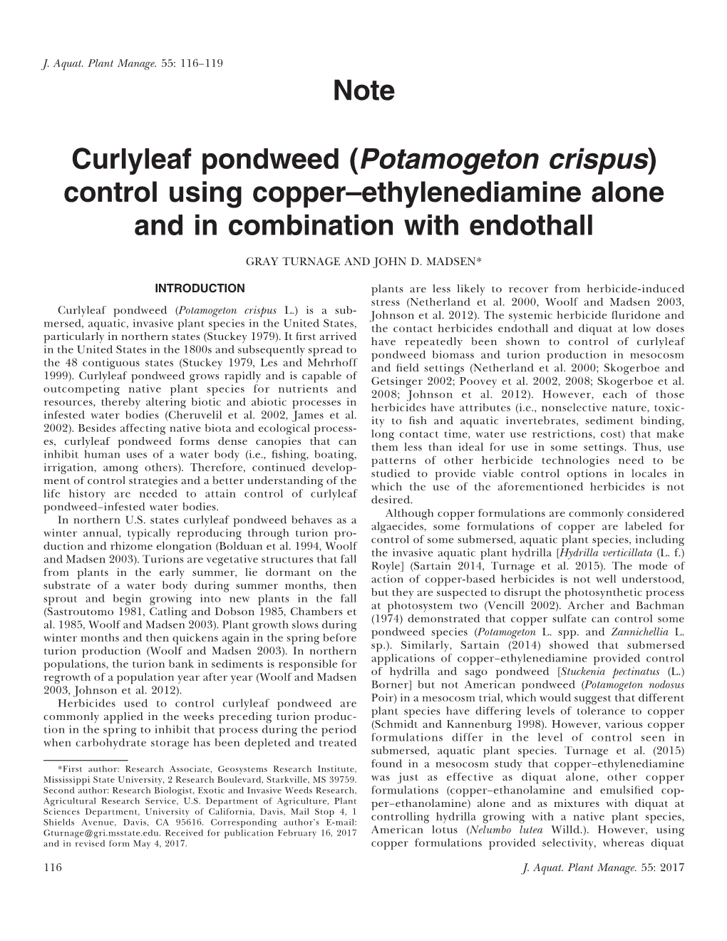 (Potamogeton Crispus) Control Using Copper–Ethylenediamine Alone and in Combination with Endothall