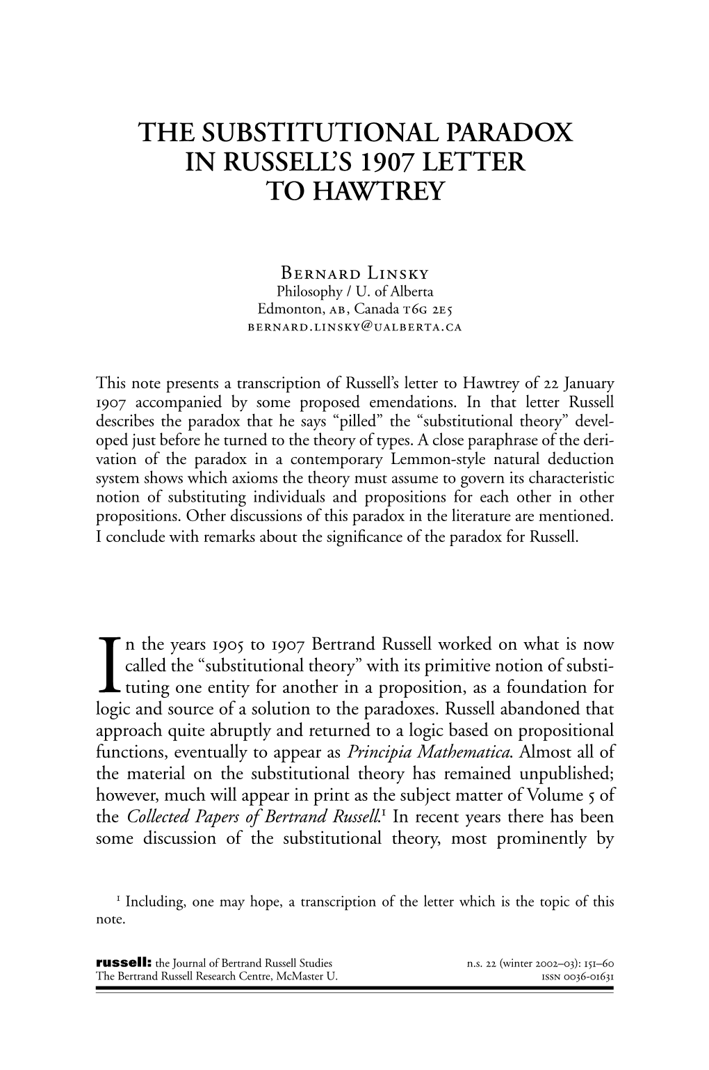 The Substitutional Paradox in Russell's 1907 Letter to Hawtrey