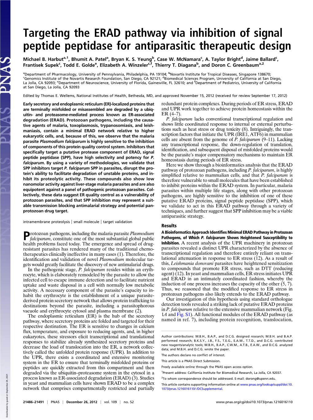 Targeting the ERAD Pathway Via Inhibition of Signal Peptide Peptidase for Antiparasitic Therapeutic Design