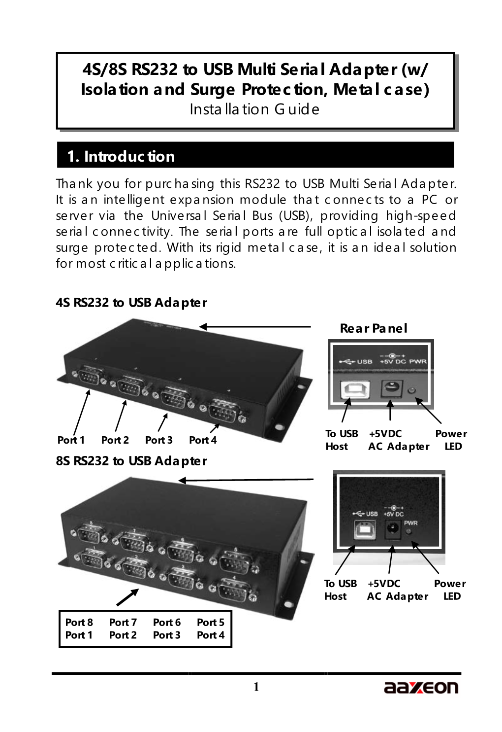 4S/8S RS232 to USB Multi Serial Adapter (W/ Isolation and Surge Protection, Metal Case) Installation Guide