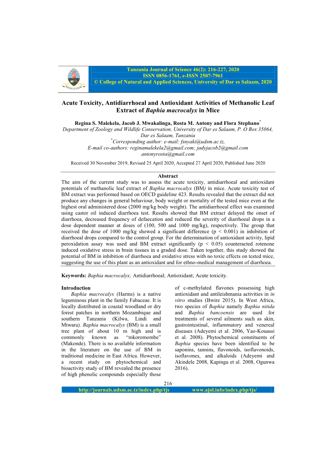 Acute Toxicity, Antidiarrhoeal and Antioxidant Activities of Methanolic Leaf Extract of Baphia Macrocalyx in Mice