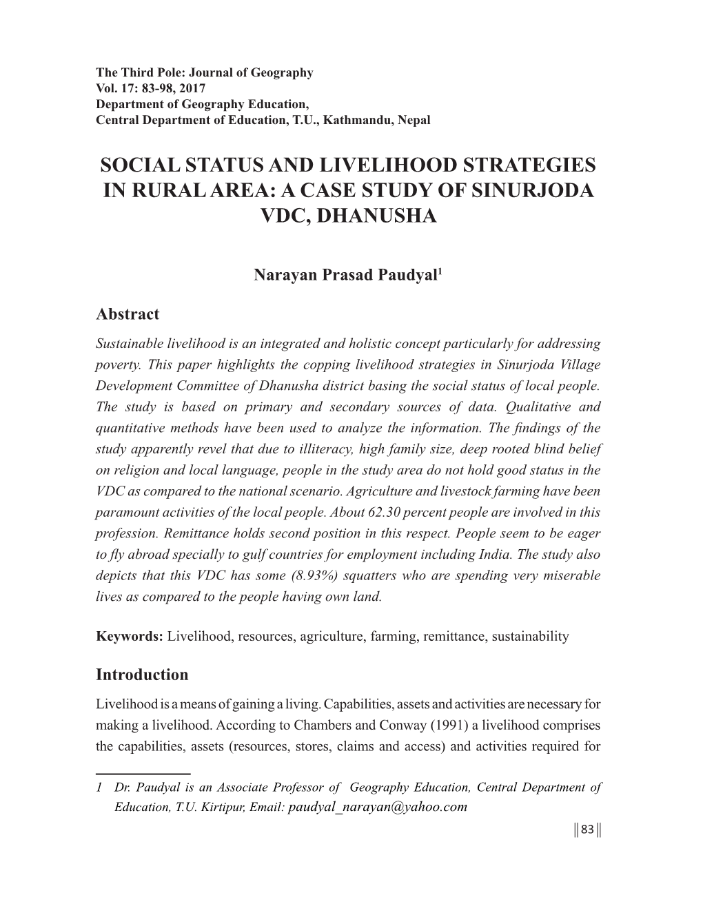 Social Status and Livelihood Strategies in Rural Area: a Case Study of Sinurjoda Vdc, Dhanusha