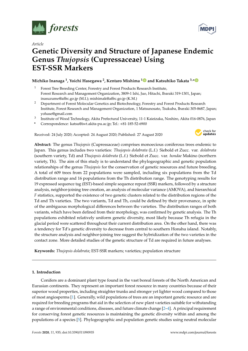 Genetic Diversity and Structure of Japanese Endemic Genus Thujopsis (Cupressaceae) Using EST-SSR Markers