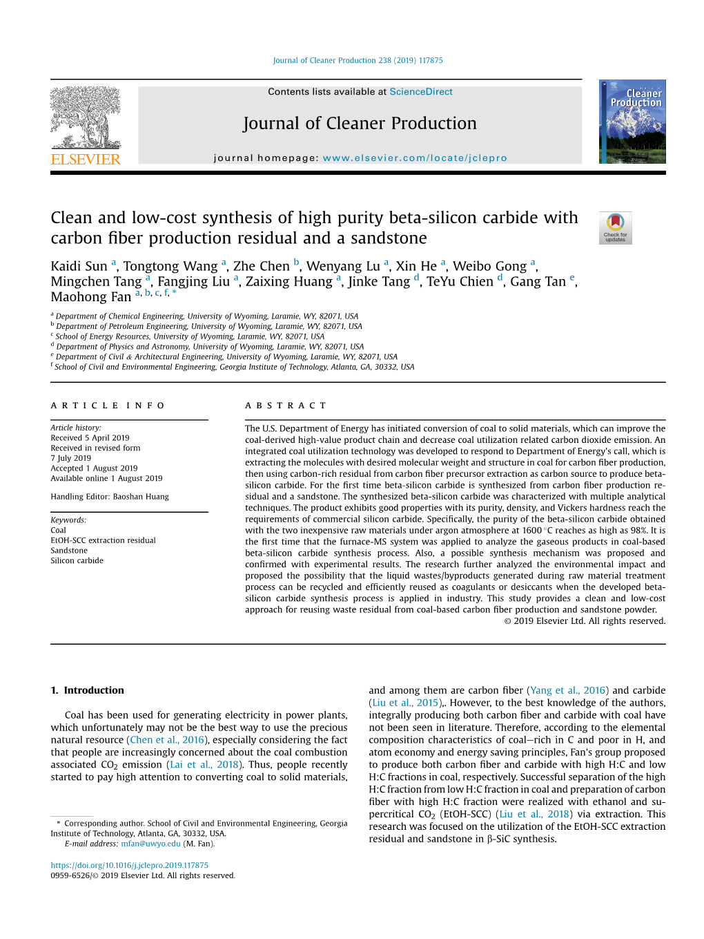 Clean and Low-Cost Synthesis of High Purity Beta-Silicon Carbide with Carbon ﬁber Production Residual and a Sandstone