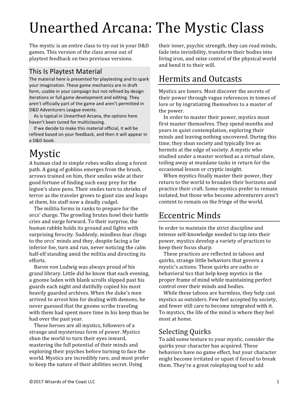 Unearthed Arcana: the Mystic Class