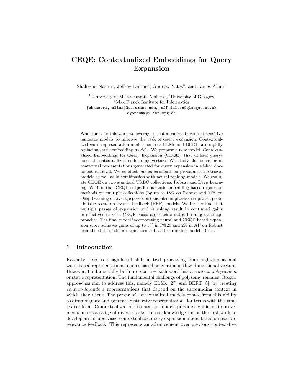 CEQE: Contextualized Embeddings for Query Expansion