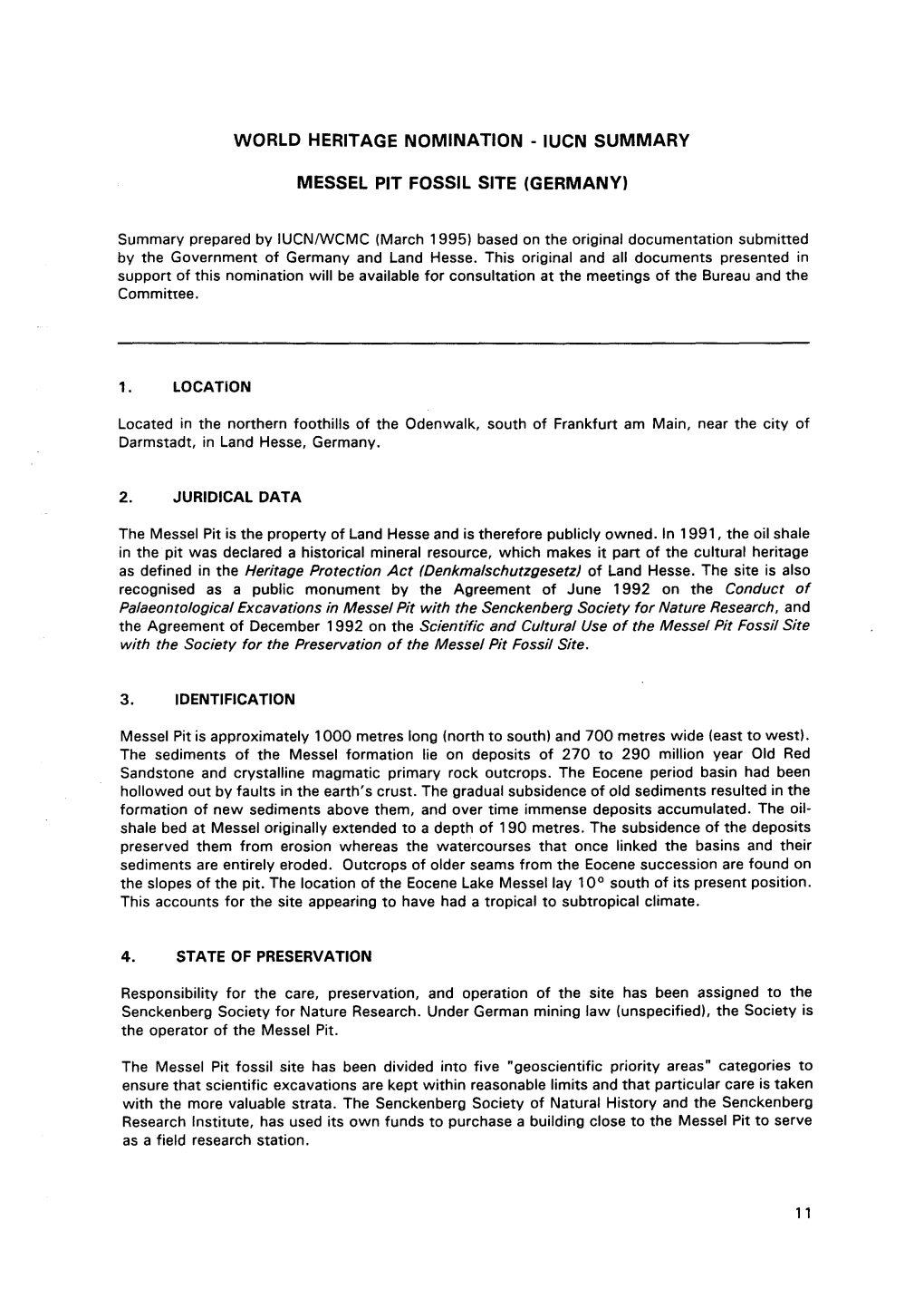 Iucn Summary Messel Pit Fossil Site (Germany)