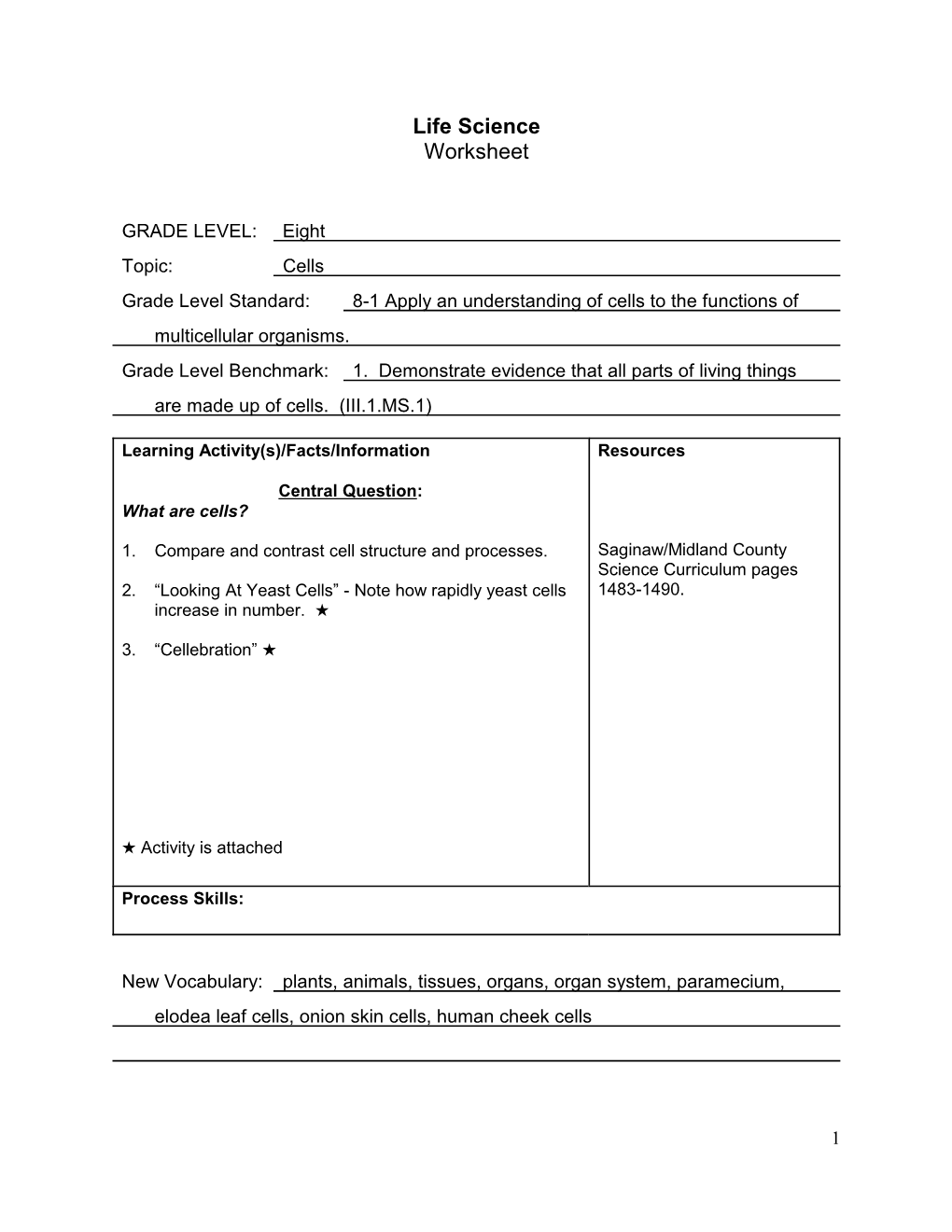 Life Science Worksheet