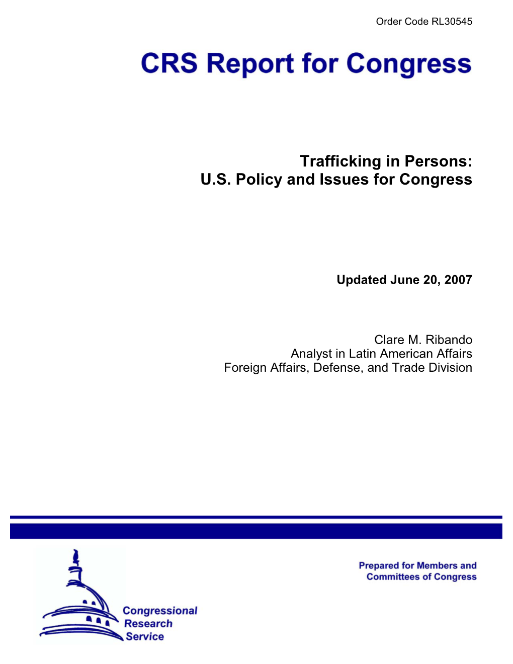 Trafficking in Persons: U.S. Policy and Issues for Congress