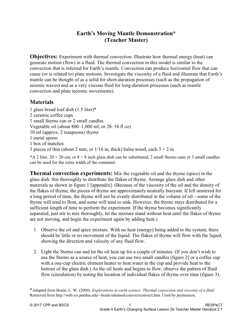 Earth's Moving Mantle Demonstration* (Teacher Master) Materials