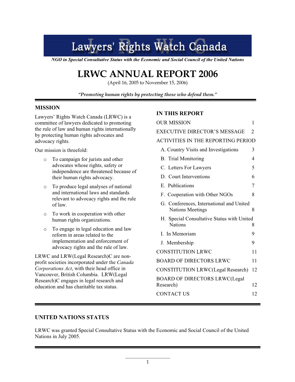 LRWC ANNUAL REPORT 2006 (April 16, 2005 to November 15, 2006)