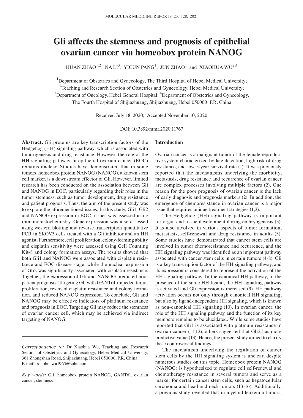 Gli Affects the Stemness and Prognosis of Epithelial Ovarian Cancer Via Homeobox Protein NANOG