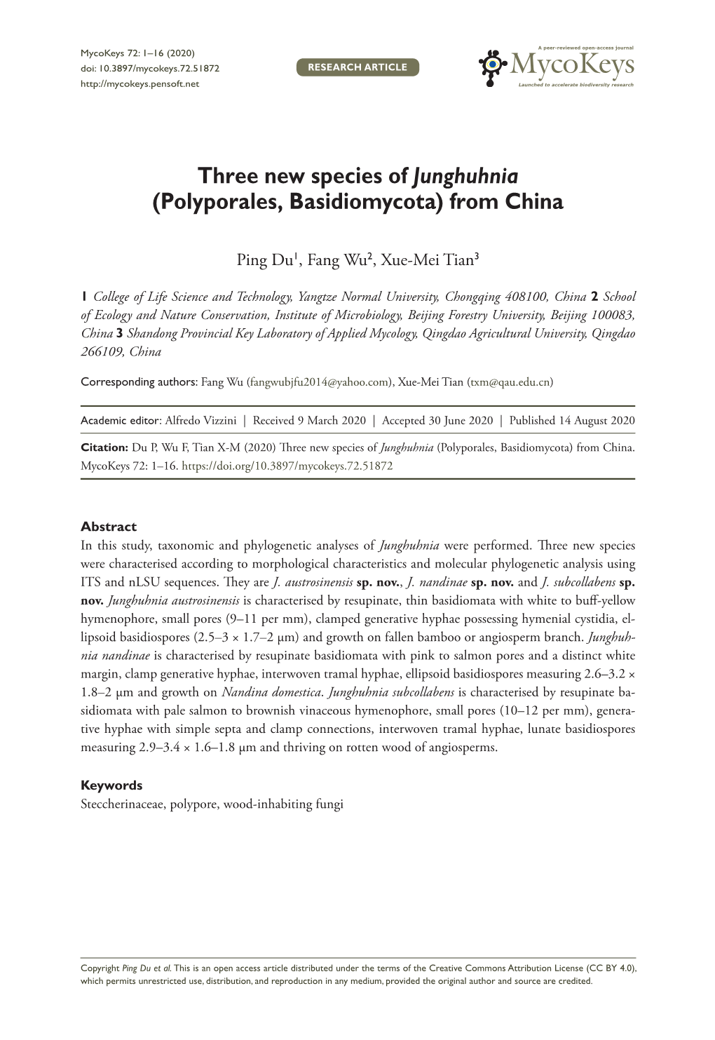 Three New Species of Junghuhnia (Polyporales, Basidiomycota) from China
