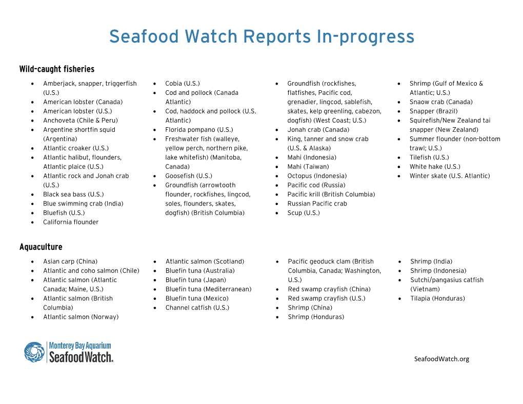 Seafood Watch Reports In-Progress