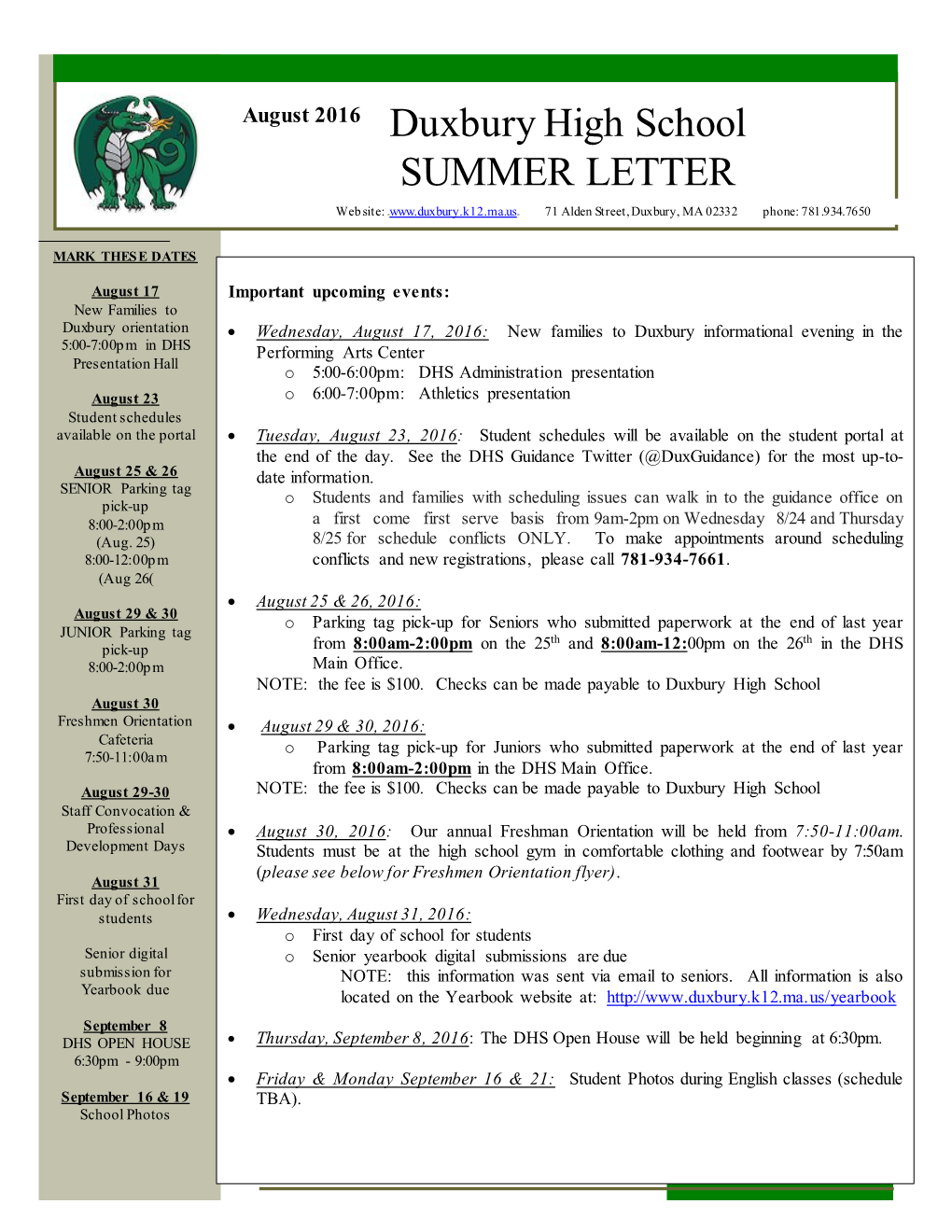 Duxbury High School SUMMER LETTER