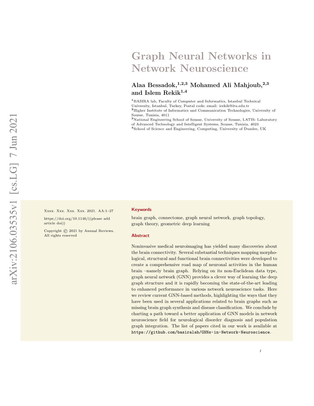 Graph Neural Networks in Network Neuroscience Arxiv:2106.03535V1