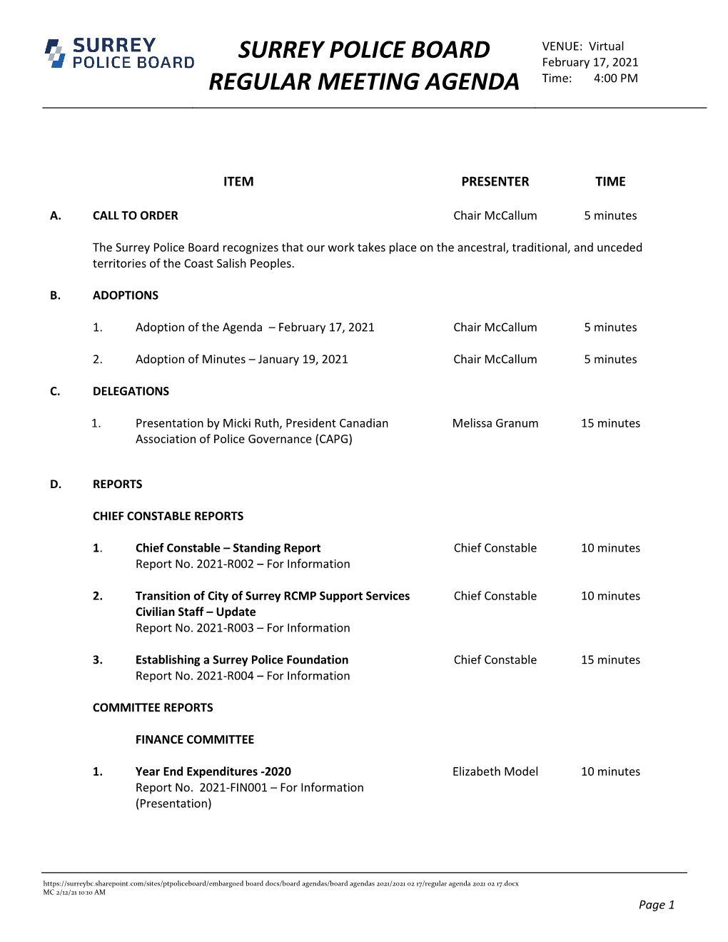 Surrey Police Board Agenda