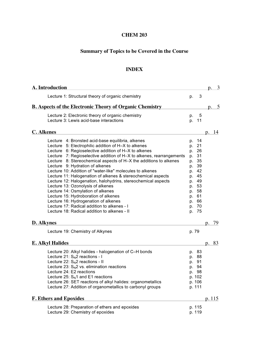 CHEM 203 Summary of Topics to Be Covered in the Course INDEX A