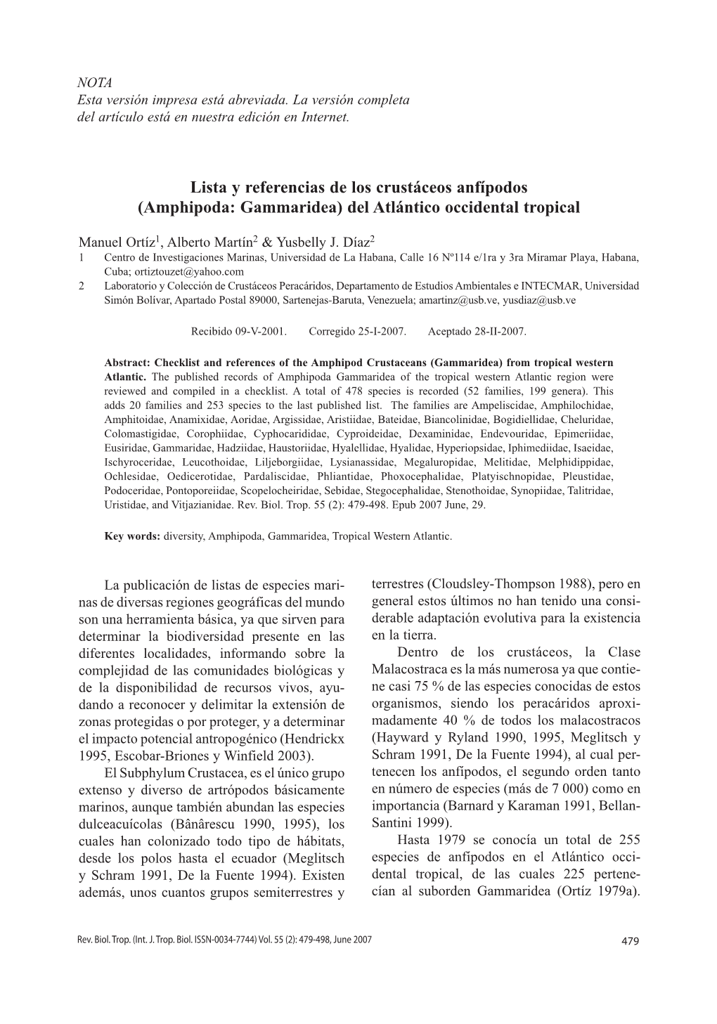 Lista Y Referencias De Los Crustáceos Anfípodos (Amphipoda: Gammaridea) Del Atlántico Occidental Tropical