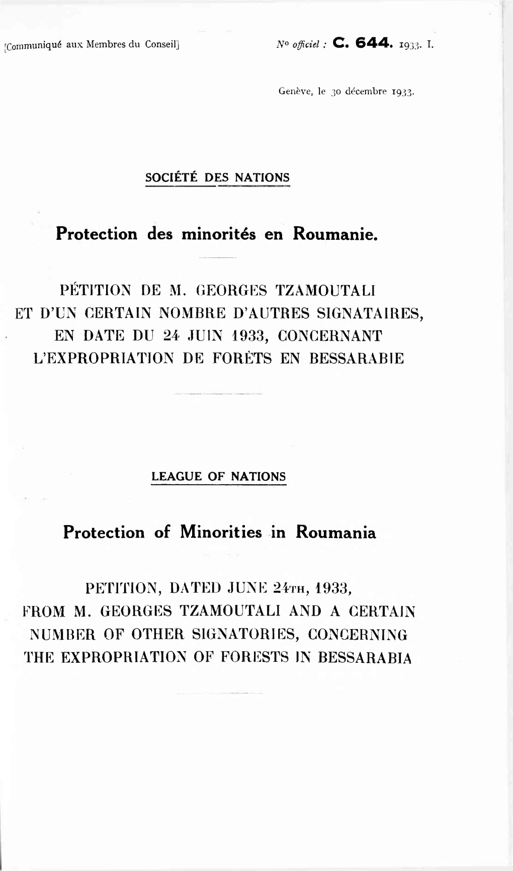 Protection Des Minorités En Roumanie. Protection of Minorities in Roumania
