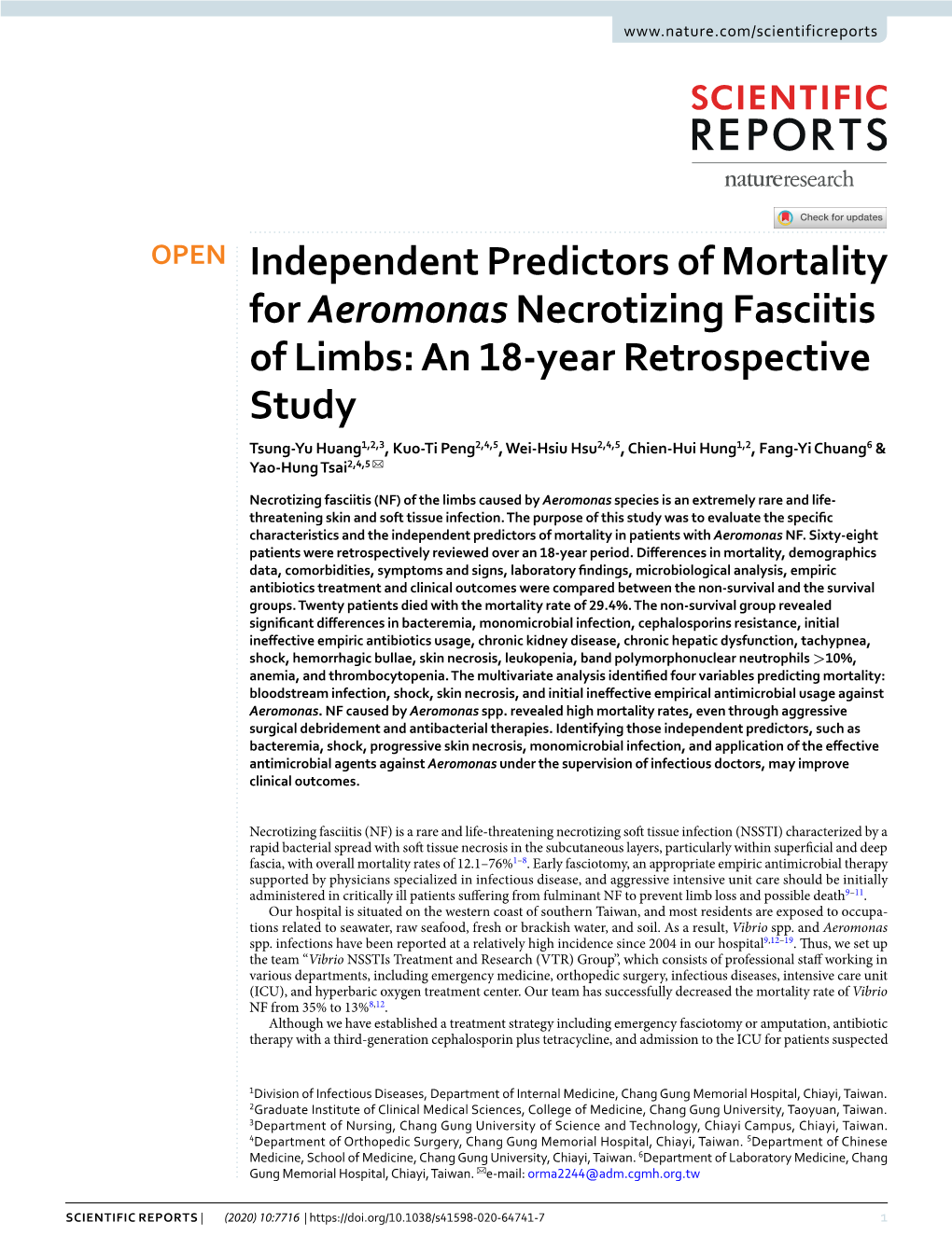 Independent Predictors of Mortality for Aeromonas Necrotizing