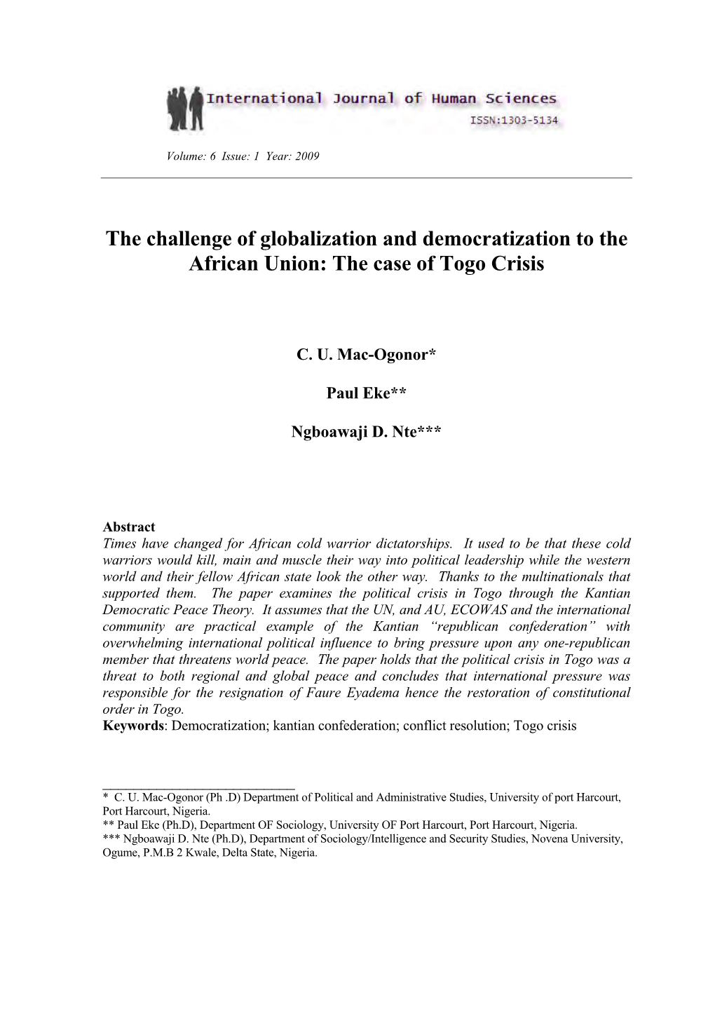 The Challenge of Globalization and Democratization to the African Union: the Case of Togo Crisis