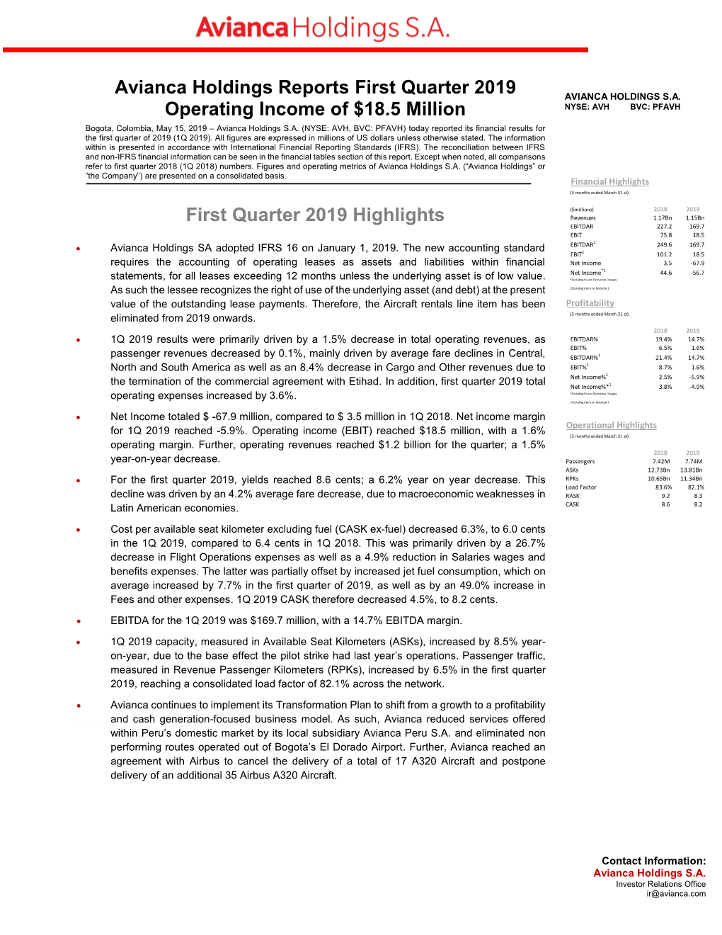 Avianca Holdings Reports First Quarter 2019 Operating Income of $18.5 Million First Quarter 2019 Highlights